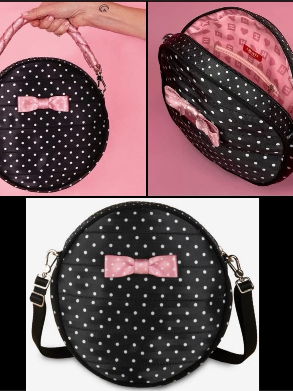 Harveys Dottie black polk-a-dot / pink bow / circle bag / shoulder and Lola stra